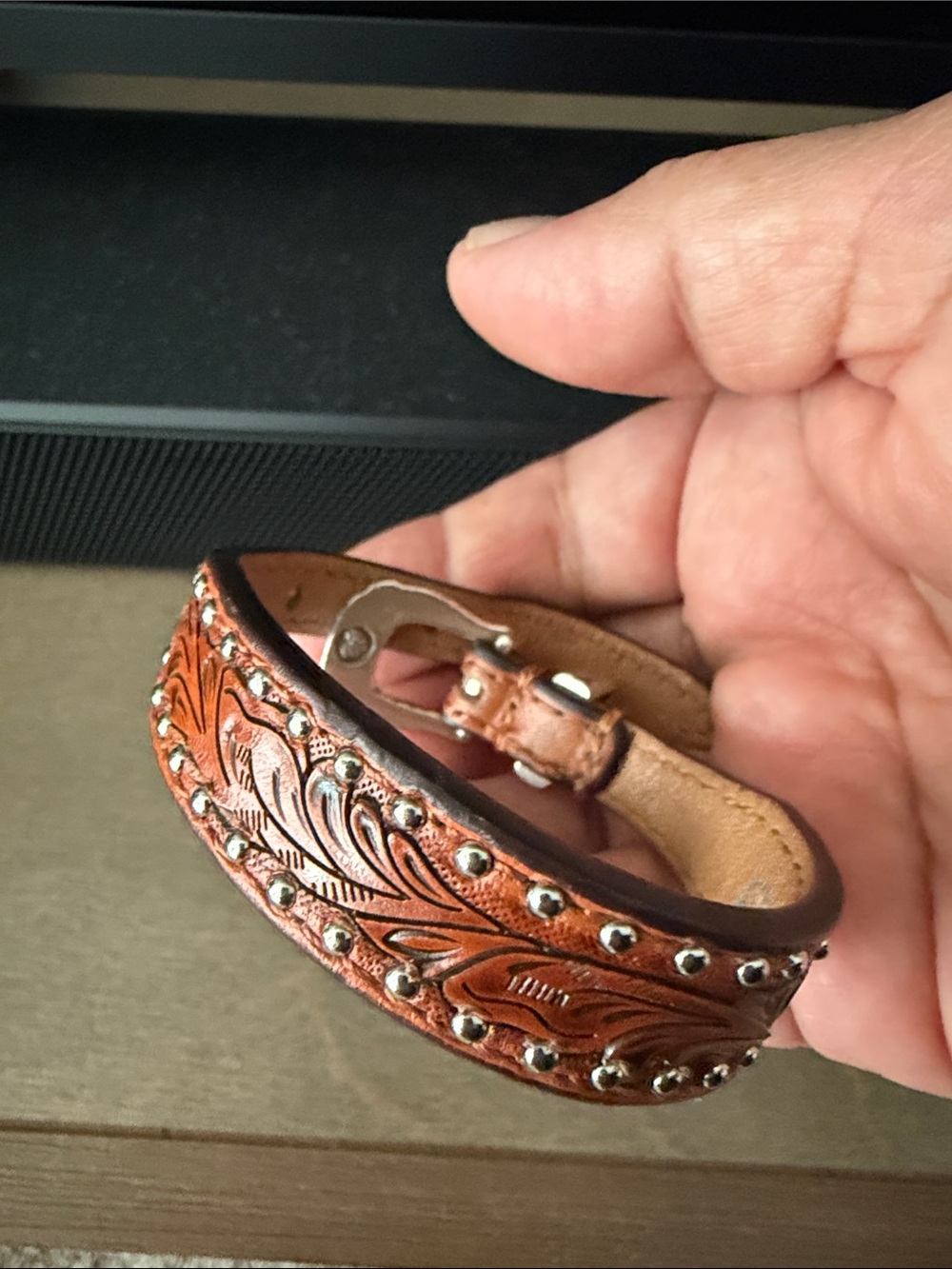 Leather Tooled Brown Studded Women's Bracelet